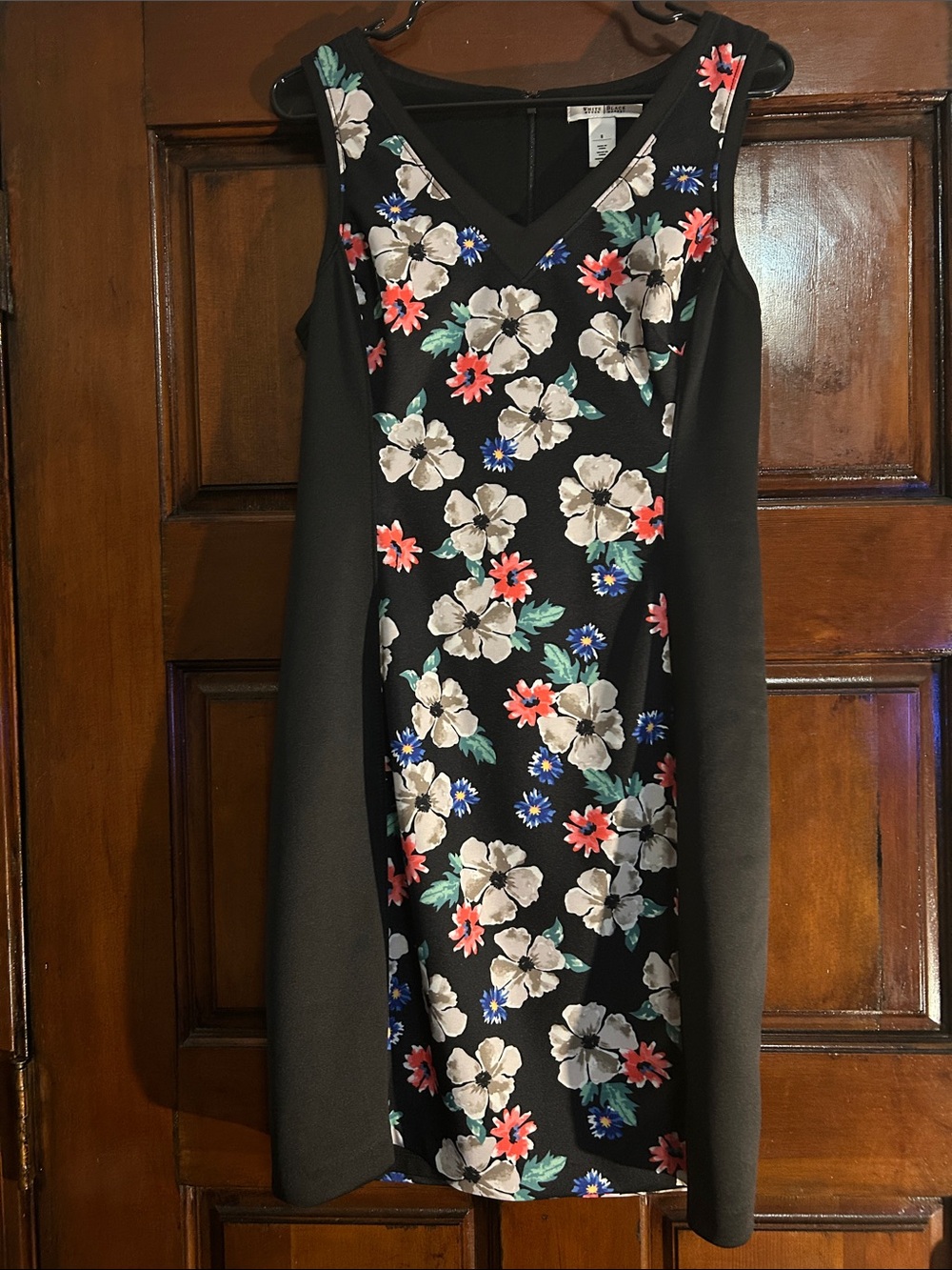 White House Black Market Black Floral Midi Dress with White and Coral Accents